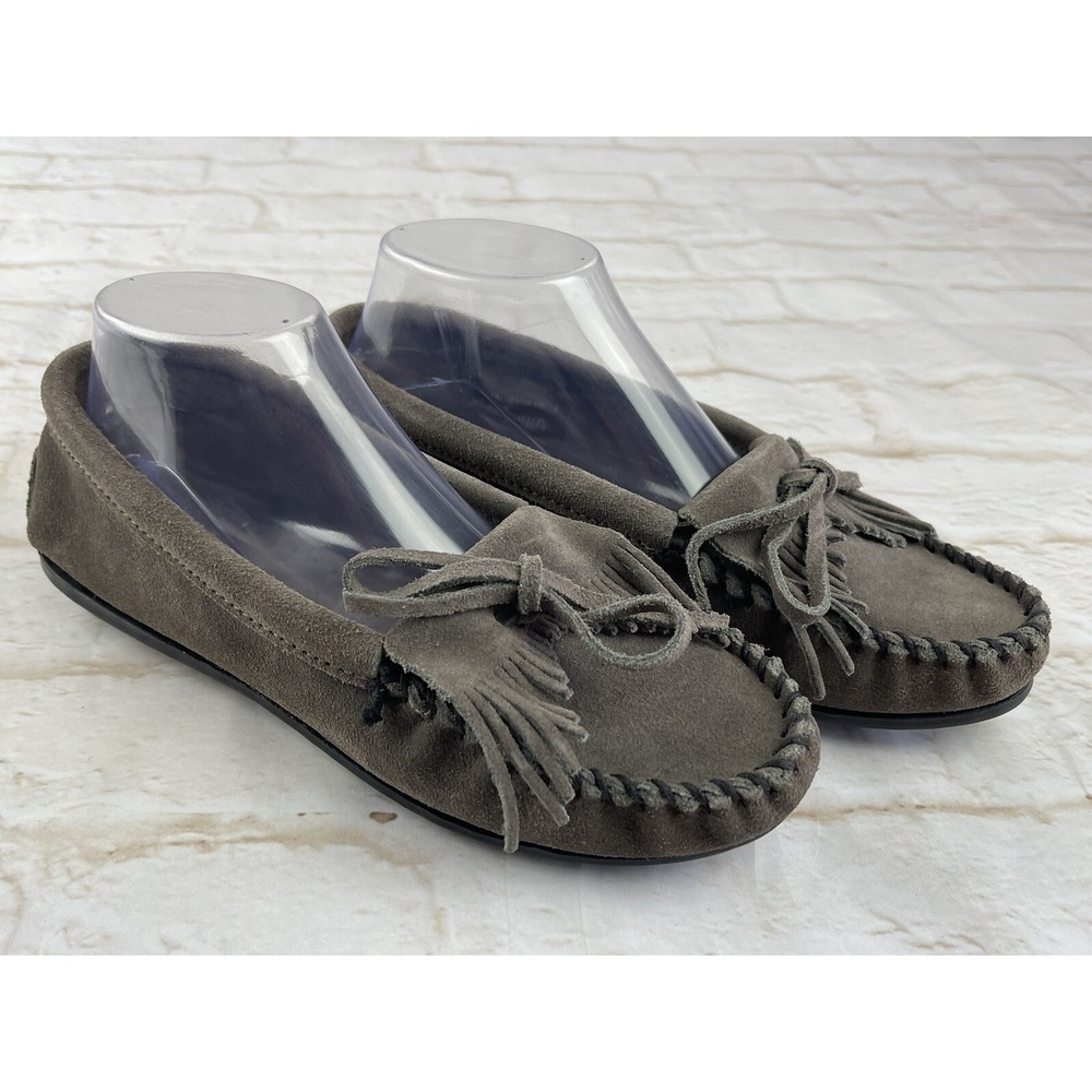 Minnetonka Women Kilty 401T Gray Suede Bow Slip On Moccasin Flats Shoes 7.5